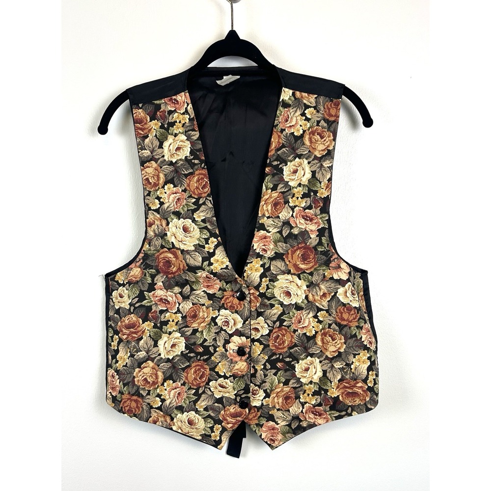 Vintage 80s 90s M/L Tapestry Dark Floral Vest Brocade Cottagecore‎ Fall Rose